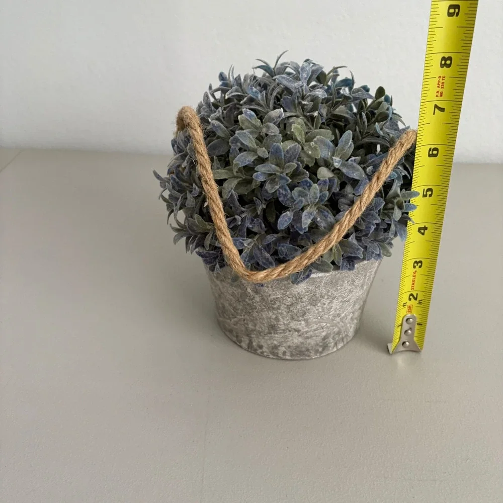 Faux Frosted Greenery Plant in Rustic Gray Pot with Jute Rope Handle Farmhouse